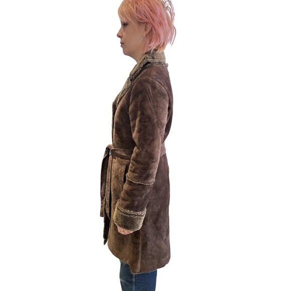 Y2K Brown Suede Penny Lane Coat Faux Sherpa Lining Fur Collar & Cuffs - Picture 7 of 12